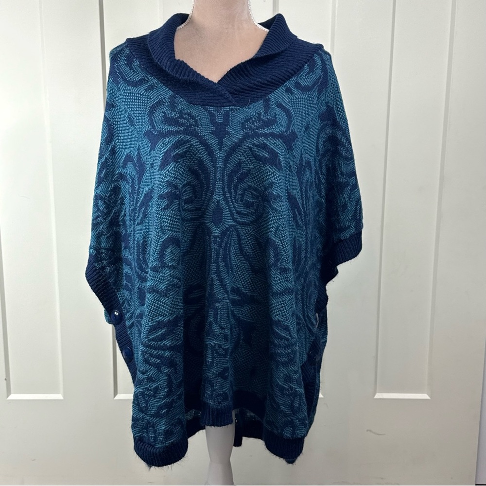Catherines Womens 2X-3X Blanket Poncho Cape Navy Blue Green Aztec